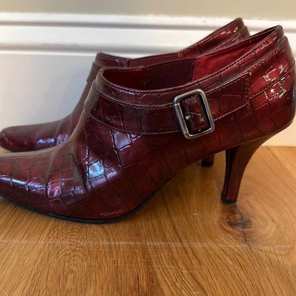 Red Croc patent ankle booties